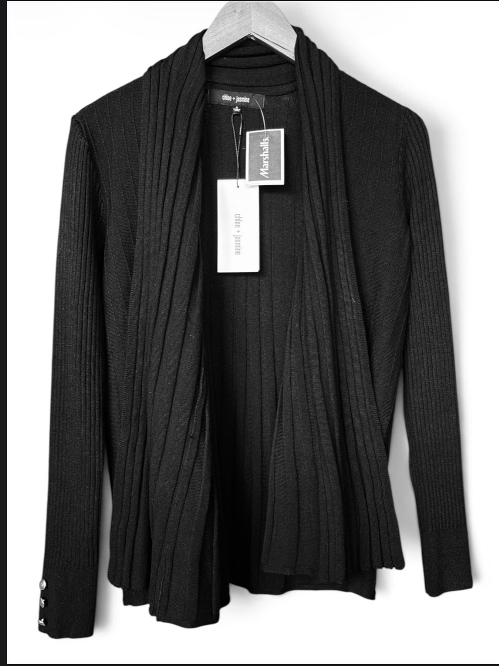 Black Ribbed Open-Front Cardigan with Button Cuffs